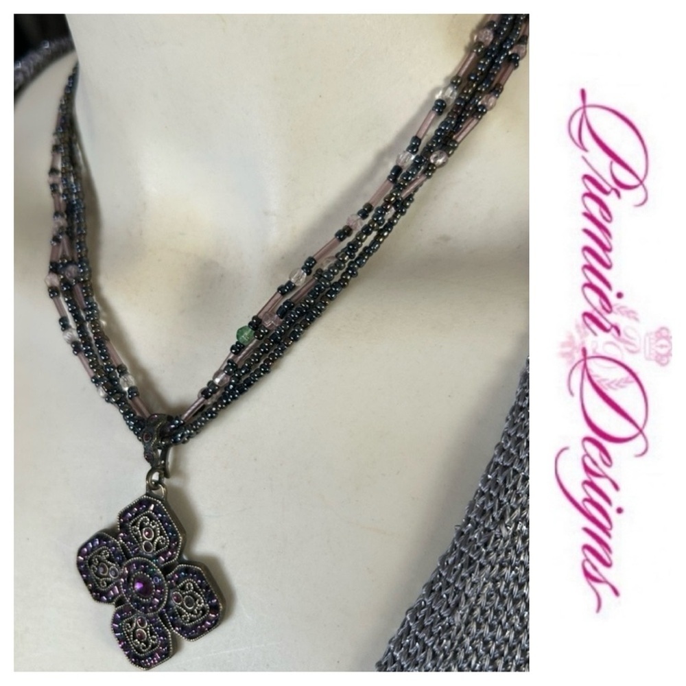 Vintage Purple Beaded Pendant Necklace & Bracelet Set - Picture 2 of 14